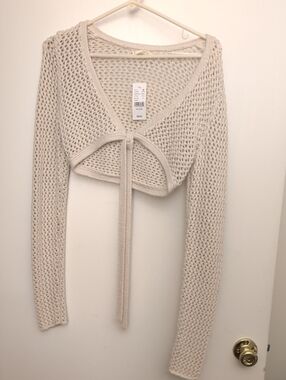 La Hearts Cream Open-Knit V-Neck Tie-Front Sweater Top